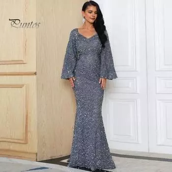 Женское вечернее платье с рукавами-колокольчиками, пайетками, А-силуэта, облегающего кроя, глубоким вырезом, V-образным вырезом, макси-платье со средней талией и застежкой-молнией сзади, выпускное платье S золотистый