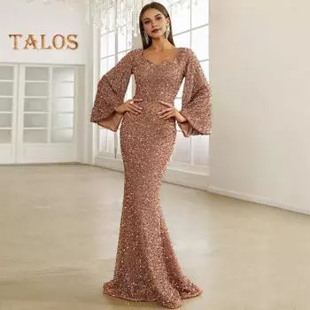 Женское вечернее платье с рукавами-колокольчиками, пайетками, А-силуэта, облегающего кроя, глубоким вырезом, V-образным вырезом, макси-платье со средней талией и застежкой-молнией сзади, выпускное платье S золотистый