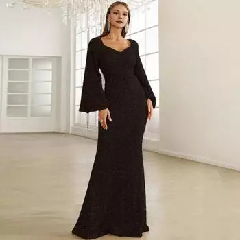 Женское вечернее платье с рукавами-колокольчиками, пайетками, А-силуэта, облегающего кроя, глубоким вырезом, V-образным вырезом, макси-платье со средней талией и застежкой-молнией сзади, выпускное платье S вино красного