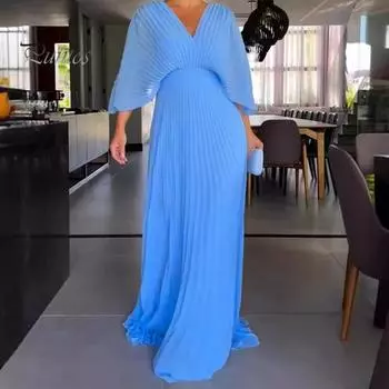 Женское вечернее платье с рукавами «летучая мышь» и плиссировкой, V-образным вырезом, однотонное, с высокой талией, полной длины, для выпускного вечера, макси-платье XL красный