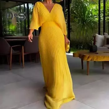 Женское вечернее платье с рукавами «летучая мышь» и плиссировкой, V-образным вырезом, однотонное, с высокой талией, полной длины, для выпускного вечера, макси-платье M небесно-голубой