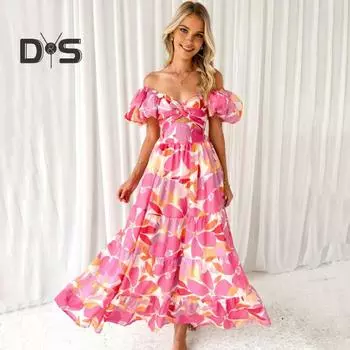 Женское вечернее платье с рукавами-пузырьками и глубоким вырезом с открытыми плечами, красочный принт, трапециевидной формы с большим подолом, лоскутное платье, плиссированное пляжное платье макси для отпуска XL фиолетовый