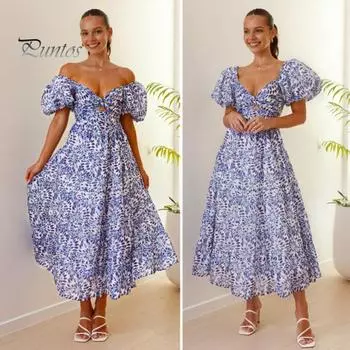 Женское вечернее платье с рукавами-пузырьками и глубоким вырезом с открытыми плечами, красочный принт, трапециевидной формы с большим подолом, лоскутное платье, плиссированное пляжное платье макси для отпуска XL фиолетовый