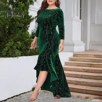 Женское вечернее платье с рукавами три четверти, нерегулярный подол, круглая шея, большие размеры, приталенный крой с высокой талией, махровый хвост, элегантное платье макси, одежда для выпускного вечера XL зелёный