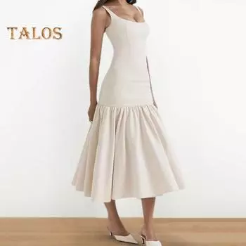 Женское вечернее платье с рюшами на подол, большие качели, облегающее платье без рукавов с открытой спиной, однотонное, с низким вырезом, плиссированное платье для выпускного вечера, длиной до середины икры, миди-платье M бежевый