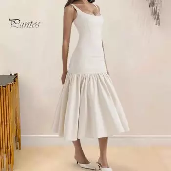 Женское вечернее платье с рюшами на подол, большие качели, облегающее платье без рукавов с открытой спиной, однотонное, с низким вырезом, плиссированное платье для выпускного вечера, длиной до середины икры, миди-платье S бежевый