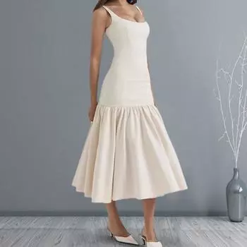 Женское вечернее платье с рюшами на подол, большие качели, облегающее платье без рукавов с открытой спиной, однотонное, с низким вырезом, плиссированное платье для выпускного вечера, длиной до середины икры, миди-платье M бежевый