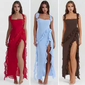 Женское вечернее платье с рюшами по краям в стиле пэчворк с квадратным вырезом и боковым разрезом без рукавов с высокой талией Чистый цвет длиной до щиколотки Платье для выпускного вечера Коктейльное платье Бальное платье L чёрный