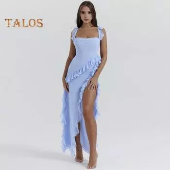 Женское вечернее платье с рюшами по краям в стиле пэчворк с квадратным вырезом и боковым разрезом без рукавов с высокой талией Чистый цвет длиной до щиколотки Пром Коктейльная вечеринка Банкетное платье макси S светло-синий