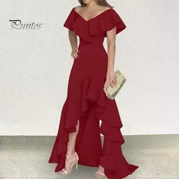 Женское вечернее платье с рюшами в стиле пэчворк с V-образным вырезом Slim Fit Нерегулярный подол без рукавов длиной до пола Чистый цвет бальное платье для вечеринки Банкетное платье макси M вино красного