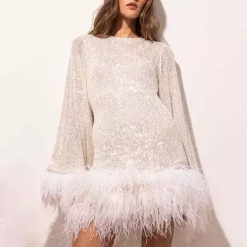 Женское вечернее платье с тонкой талией, блестками и перьями, с открытой спиной, длинными рукавами, с круглым вырезом, короткое платье для выпускного вечера, свадьбы, мини-платье S абрикосовый