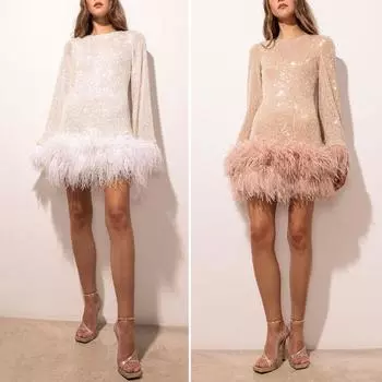 Женское вечернее платье с тонкой талией, пайетками и перьями, открытая спина, длинные рукава O S розовый