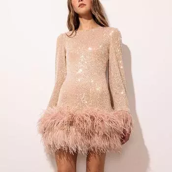 Женское вечернее платье с тонкой талией, пайетками и перьями, открытая спина, длинные рукава O S абрикосовый