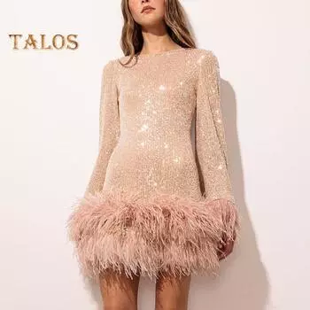 Женское вечернее платье с тонкой талией, блестками и перьями, с открытой спиной, длинными рукавами, с круглым вырезом, короткое платье для выпускного вечера, свадьбы, мини-платье S розовый