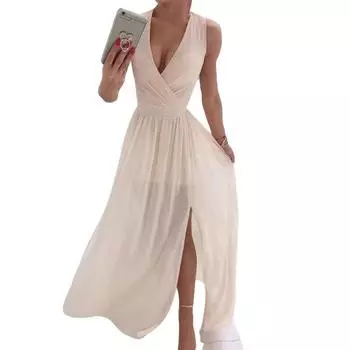 Женское вечернее платье с V-образным вырезом без рукавов, плиссированное подол с разрезом, тонкая талия, длина до пола, сплошной цвет, свадебное коктейльное платье для выпускного вечера, макси-платье S абрикосовый