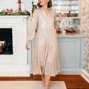 Женское вечернее платье с V-образным вырезом и блестящими пайетками, трапециевидной формы, свободное платье с длинными рукавами и длинными рукавами, однотонное лоскутное платье с подолом, плиссированное вечернее платье для выпускного вечера XL шампанского
