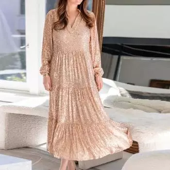 Женское вечернее платье с V-образным вырезом и блестящими пайетками, трапециевидной формы, свободное платье с длинными рукавами и длинными рукавами, однотонное лоскутное платье с подолом, плиссированное вечернее платье для выпускного вечера XL шампанского