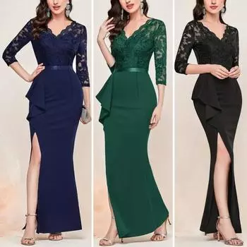 Женское вечернее платье с V-образным вырезом и вырезом из кружева с длинным рукавом Узкие рюши с высокой талией и рюшами по подолу с разрезом подол Тонкое вечернее платье с цветочной вышивкой Платье для выпускного вечера Макси-платье 2XL чёрный