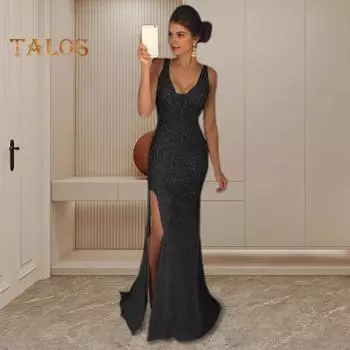 Женское вечернее платье с V-образным вырезом и сеткой в стиле пэчворк без рукавов с разрезом в форме русалки Slim Fit для выпускного вечера, банкета, невесты, макси-платье S золотистый