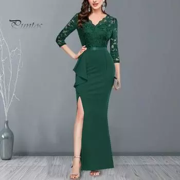 Женское вечернее платье с V-образным вырезом и вырезом из кружева с длинным рукавом Обтягивающее вечернее платье с высокой талией и рюшами с разрезом по подолу Slim Fit Цветочная вышивка Сплошное цветное вечернее платье XL темно-синий