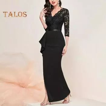 Женское вечернее платье с V-образным вырезом и вырезом из кружева с длинным рукавом Обтягивающее вечернее платье с высокой талией и рюшами с разрезом по подолу Slim Fit Цветочная вышивка Сплошное цветное вечернее платье XL темно-синий