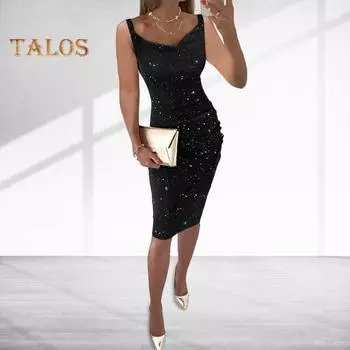 Женское вечернее платье с V-образным вырезом без рукавов, облегающее платье длиной до колена, сплошной цвет, декор со стразами, эластичное платье с открытой спиной, клубное вечернее платье миди, платье с ремешками M синий