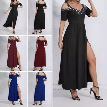 Женское вечернее платье с V-образным вырезом и высоким разрезом с блестками, плиссированные с короткими рукавами, плюс размер, трапециевидной формы с открытыми плечами, длиной до щиколотки, платье для выпускного вечера, макси-платье XL синий