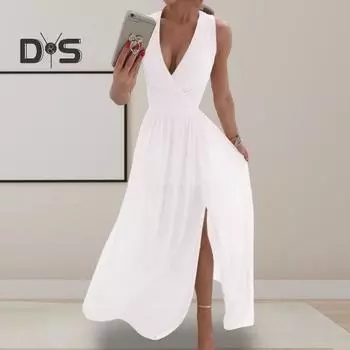 Женское вечернее платье с V-образным вырезом без рукавов, плиссированное подол с разрезом, тонкая талия, длина до пола, сплошной цвет, свадебное коктейльное платье для выпускного вечера, макси-платье S розовый