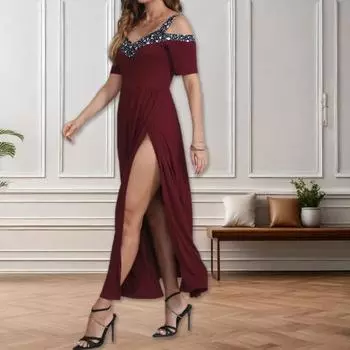 Женское вечернее платье с V-образным вырезом и высоким разрезом с блестками, плиссированные с короткими рукавами, плюс размер, трапециевидной формы с открытыми плечами, длиной до щиколотки, платье для выпускного вечера, макси-платье 2XL чёрный