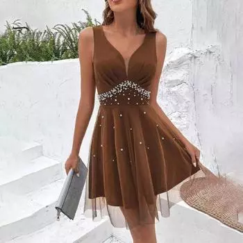 Женское вечернее платье с V-образным вырезом без рукавов из искусственного жемчуга А-силуэта, двухслойная сетка, плотное, с высокой талией, сплошное цветное бальное платье, летнее мини-платье для выпускного вечера S синий