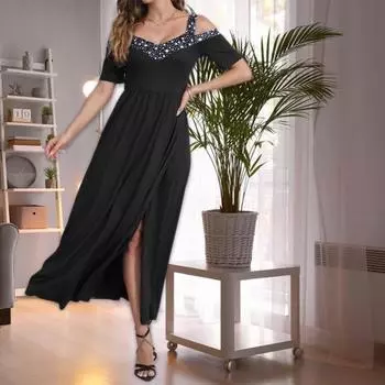 Женское вечернее платье с V-образным вырезом и высоким разрезом с блестками, плиссированные с короткими рукавами, большие размеры, трапециевидной формы с открытыми плечами XL чёрный
