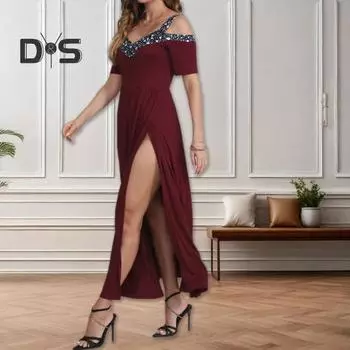 Женское вечернее платье с V-образным вырезом и высоким разрезом с блестками, плиссированные с короткими рукавами, плюс размер, трапециевидной формы с открытыми плечами, длиной до щиколотки, платье для выпускного вечера, макси-платье XL чёрный