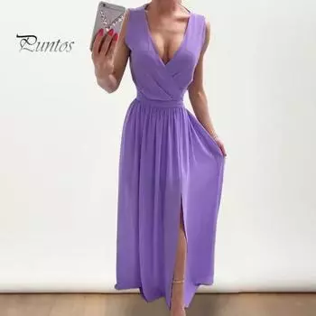 Женское вечернее платье с V-образным вырезом без рукавов, плиссированное подол с разрезом, тонкая талия, длина до пола, сплошной цвет, свадебное коктейльное платье для выпускного вечера, макси-платье S розовый