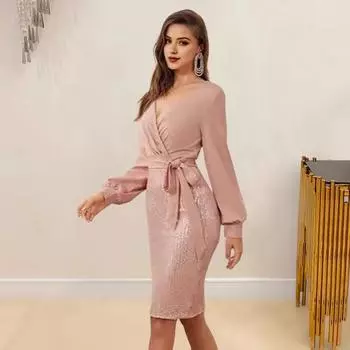 Женское вечернее платье с V-образным вырезом, облегающее платье-футляр с длинными рукавами, пайетками, шнуровкой на талии, длиной до колена, мини-платье для офиса, банкета, деловой поездки S морской синий