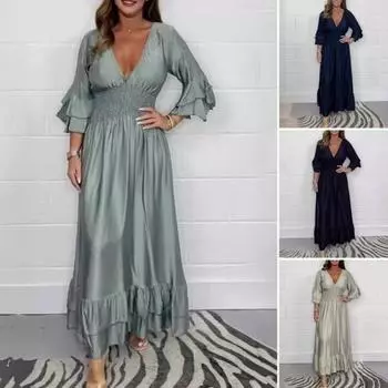 Женское вечернее платье с V-образным вырезом, тонкой талией, манжетами-оборками, атласным плиссированным многослойным подолом, платье-макси А-силуэта с длинными рукавами, свадебное банкетное платье M