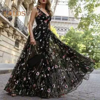 Женское вечернее платье с V-образным вырезом, без рукавов, цветочной вышивкой, открытой спиной, А-силуэтом, высокой талией, двухслойное бальное коктейльное вечернее банкетное макси-платье S чёрный