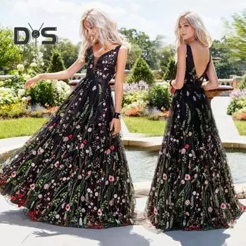 Женское вечернее платье с V-образным вырезом, без рукавов, цветочной вышивкой, открытой спиной, А-силуэтом, высокой талией, двухслойное бальное коктейльное вечернее банкетное макси-платье S чёрный