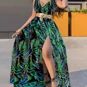 Женское вечернее платье с V-образным вырезом и принтом, высоким разрезом, облегающим, средней талией, со шнуровкой, без рукавов, длинное, А-силуэта, для выпускного вечера, коктейльного платья макси 3XL чёрный