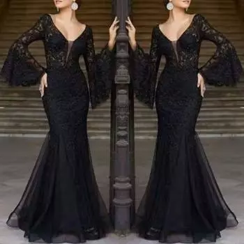 Женское вечернее платье с V-образным вырезом, прозрачной кружевной вышивкой, расклешенными рукавами, бальное S красный