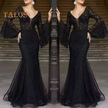 Женское вечернее платье с V-образным вырезом, прозрачной кружевной вышивкой, расклешенными рукавами, бальное платье А-силуэта, подол «рыбий хвост», облегающее коктейльное вечернее платье, выпускной, банкетное платье макси S
