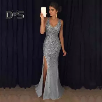 Женское вечернее платье с V-образным вырезом и сеткой в стиле пэчворк без рукавов с разрезом в форме русалки Slim Fit для выпускного вечера, банкета, невесты, макси-платье 2XL серебряный
