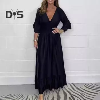 Женское вечернее платье с V-образным вырезом, тонкой талией, манжетами-оборками, атласным плиссированным многослойным подолом, платье-макси А-силуэта с длинными рукавами, свадебное банкетное платье M зелёный