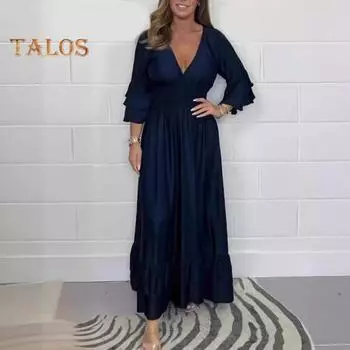 Женское вечернее платье с V-образным вырезом, тонкой талией, манжетами-оборками, атласным плиссированным многослойным подолом, платье-макси А-силуэта с длинными рукавами, свадебное банкетное платье M темно-синий