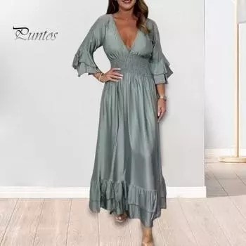 Женское вечернее платье с V-образным вырезом, тонкой талией, манжетами-оборками, атласным плиссированным многослойным подолом, платье-макси А-силуэта с длинными рукавами, свадебное банкетное платье 2XL темно-синий