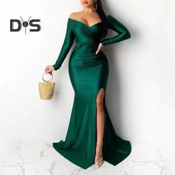 Женское вечернее платье с V-образным вырезом, открытыми плечами, боковыми разрезами, длиной до пола, длинными рукавами, плиссированное, облегающее, макси-платье, бальное платье, банкетное платье S синий