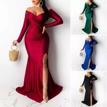 Женское вечернее платье с V-образным вырезом, открытыми плечами, боковыми разрезами, длиной до пола, длинными рукавами, плиссированное, облегающее S красный