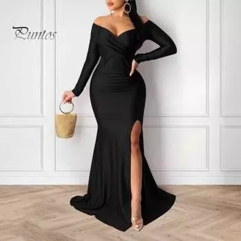 Женское вечернее платье с V-образным вырезом, открытыми плечами, боковыми разрезами, длиной до пола, длинными рукавами, плиссированное, облегающее, макси-платье, бальное платье, банкетное платье S чёрный