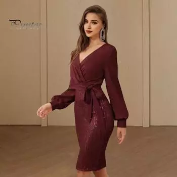 Женское вечернее платье с V-образным вырезом, облегающее платье-футляр с длинными рукавами, пайетками, шнуровкой на талии, длиной до колена, мини-платье для офиса, банкета, деловой поездки L вино красного