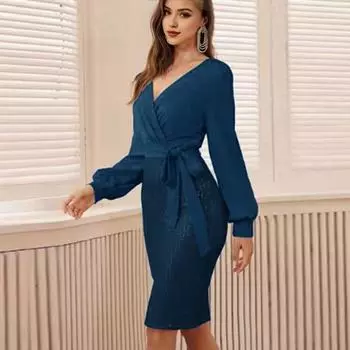 Женское вечернее платье с V-образным вырезом, облегающее платье-футляр с длинными рукавами, пайетками, шнуровкой на талии, длиной до колена, мини-платье для офиса, банкета, деловой поездки M морской синий