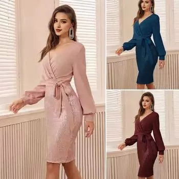 Женское вечернее платье с V-образным вырезом, облегающее платье-футляр с длинными рукавами, пайетками, шнуровкой на талии XXL вино красного